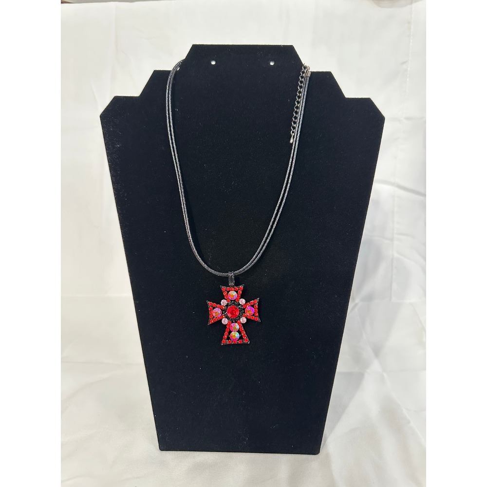 Red Rhinestone Maltese Cross Pendant Necklace Black Cord Goth Emo NN45946-004